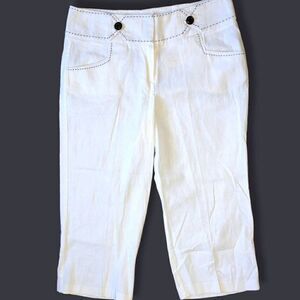 ‎Sharagano Studio White Pants Linen Capris Navy Trim Pockets 6